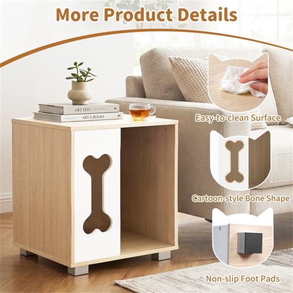 Cat Dog House Dog Bed Side Table Wooden Dog Condo with Bone shape Window and Thick Metal Legs Natural and White Multipurpose Pet Furniture