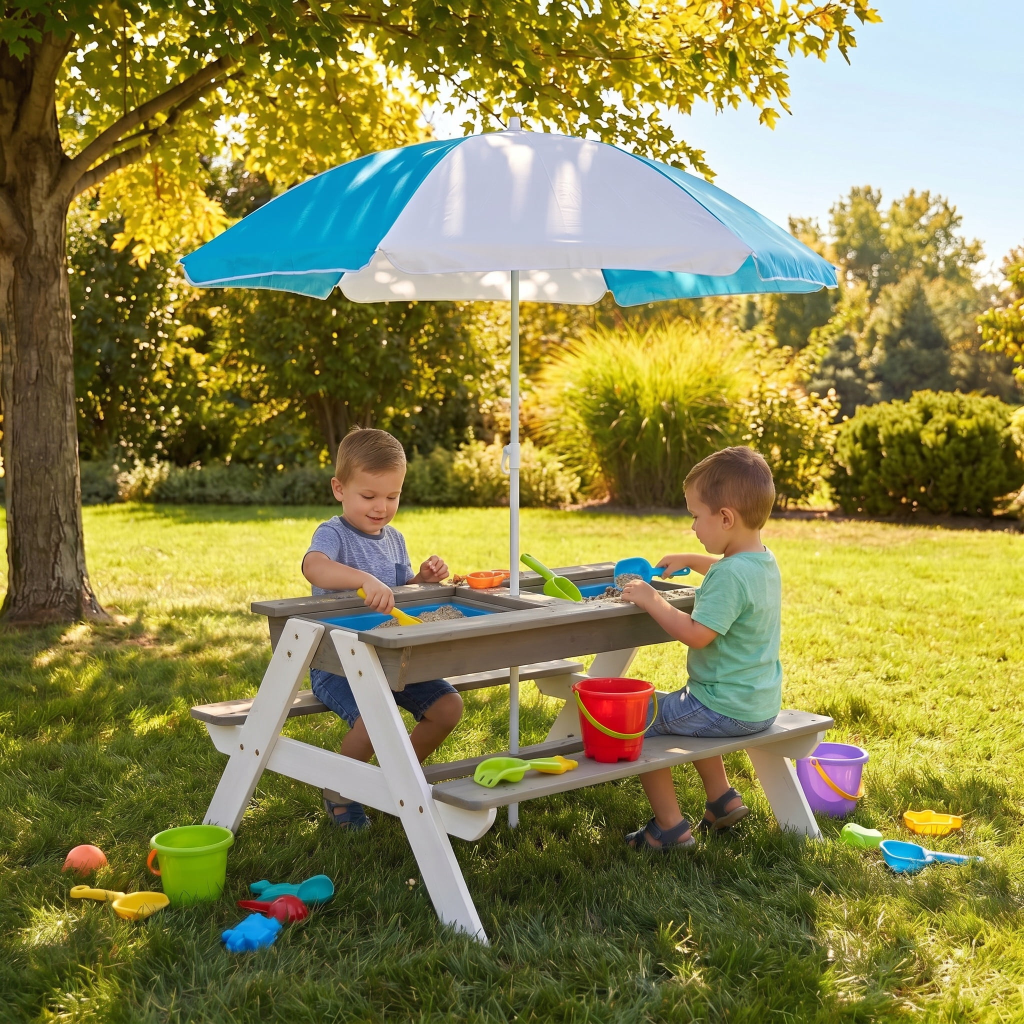 Wooden Kids Picnic Table, Sand and Water Table with Umbrella, Activity Table for Outdoor Backyard Patio Play