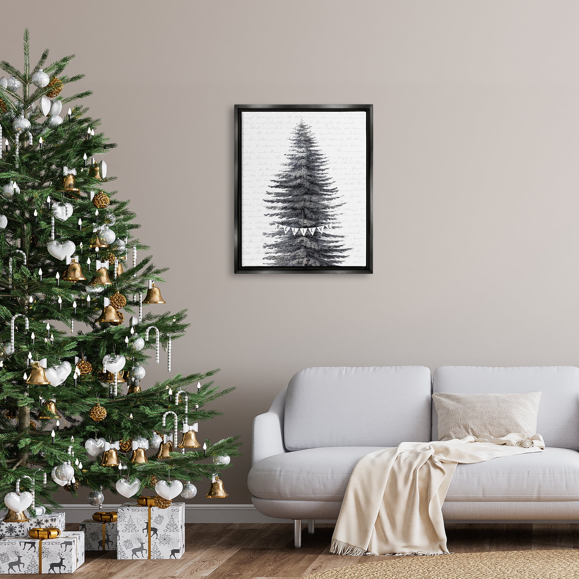 Stupell Industries Snow Covered Christmas Tree Believe Holiday Word Design Jet Black Framed Floating Canvas Wall Art, 24x30, by Lettered and Lined
