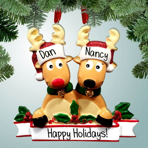 Reindeer Couple with Holly - Christmas Ornament -Family of 2 - Tree Decoration - Great Gift Ideas