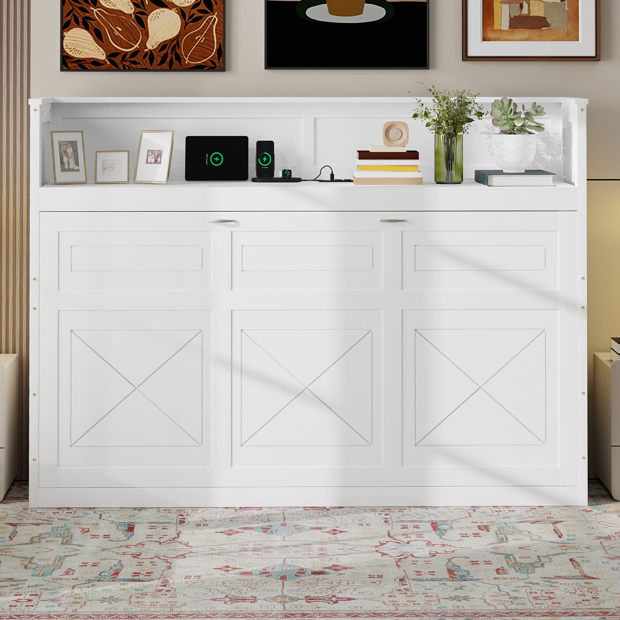 Euroco Wood Twin XL Murphy Bed with Desk and LED Light, Storage Wall Bed with USB Charging Station
