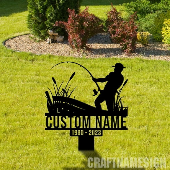Craftnamesign Custom Fishing Memorial Stake Metal, Fisherman Cemetery Stake, Dad Grave Marker