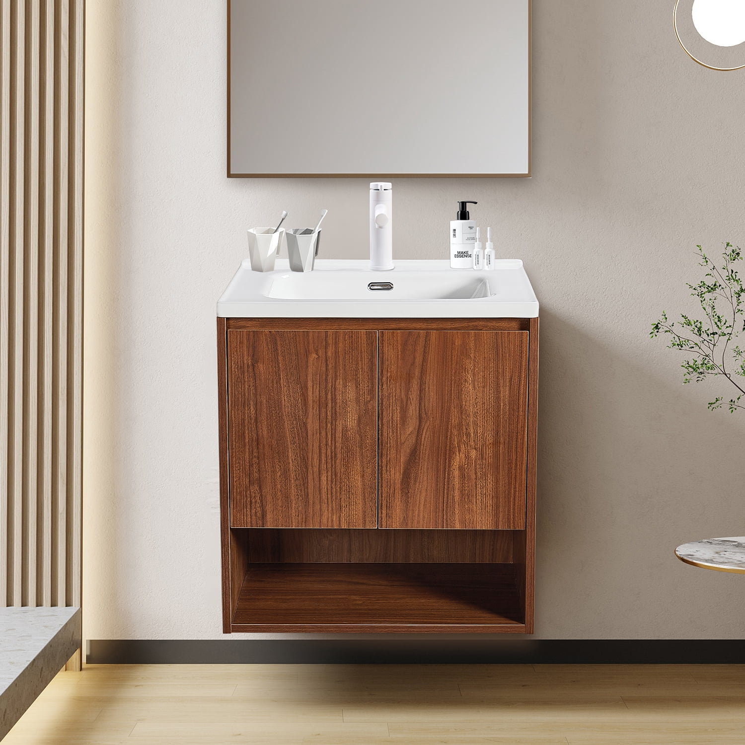 Wall Mount Vanity Cabinet Open Storage Brown Walnut L 24 in x H 24.8 in x D 19.7 in