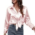 thumbnail image 2 of Womens Blouses Summer Solid Color Satin Lapel Long Sleeve Button Down Loose Smock Tops Workwear, 2 of 7