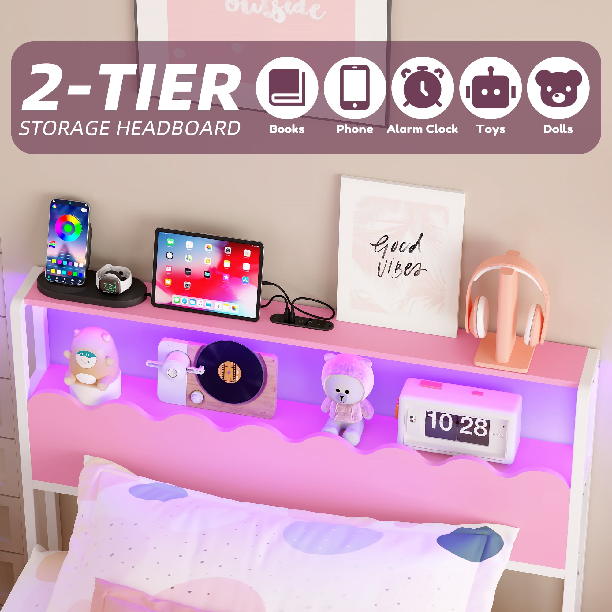 Yoneston Girl’s Twin Size Metal Platform Bed with Wave Shaped 2-Tier Storage Headboard, LED Light & Power Station for Kids, Teens, Pink & White