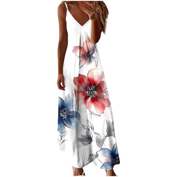 Dazajoo Womens Plus Size Floral Dresses Sleeveless V Neck Flowy Dress 2025 Summer Beach Long Dress,White,XXL