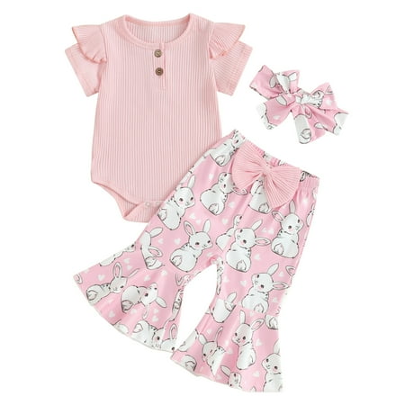 

3pcs Newborn Baby Girl Easter Outfits Pants Set Short Sleeve Romper Tops + Flare Trousers + Headband