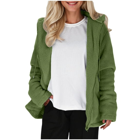 Lovskoo Fuzzy Fleece Winter Coats for Women Fashion Fleece Warm Hooded Long Sleeve Casual Outwear Warm Coat Green