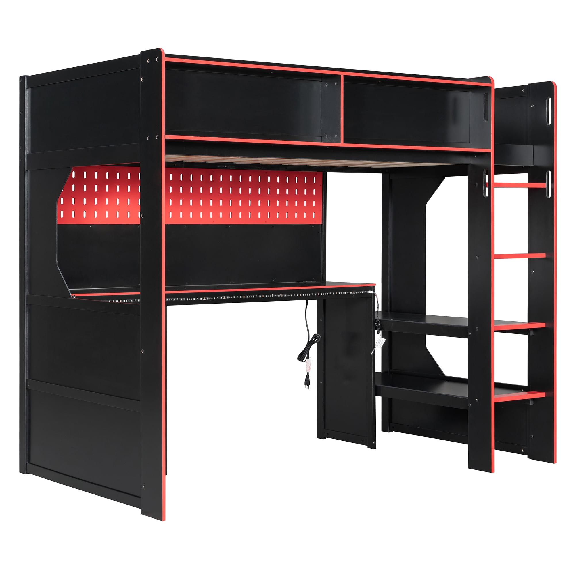 Mintazer Twin Size Gaming Loft Bed with Desk & LED Lights, Modern Bed Frame with Storage Shelves & Pegboard and Charging Station for Dorm Bedroom Apartment, Black & Red