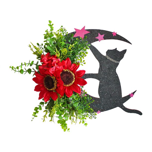 Coronas De Halloween Con Forma De Luna Para La Puerta Principal. Corona De Halloween Con Forma De Luna Y Gato Para La Pared. Corona De Halloween Con Gato Para La Puerta. Decoraciones De Halloween Co