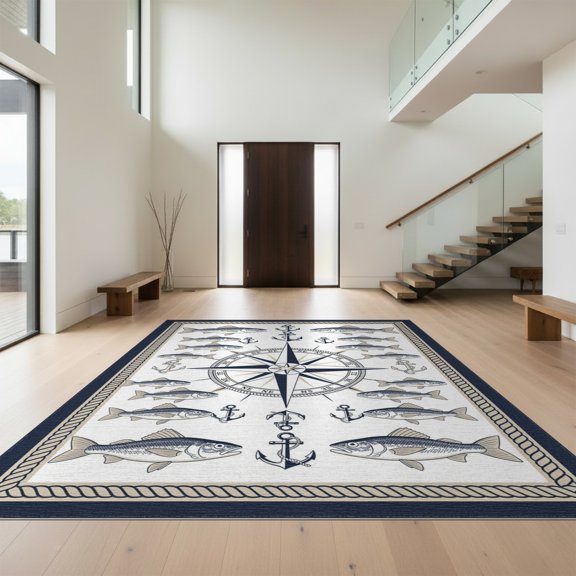 Design&I 8'x10' Washable Area Rug Nautical Beachy Compass Motif Border Bathroom Theme Themed Fish Flowing Dynamic for Living Room, Family Extra Large Skid-Resistant Low Profile
