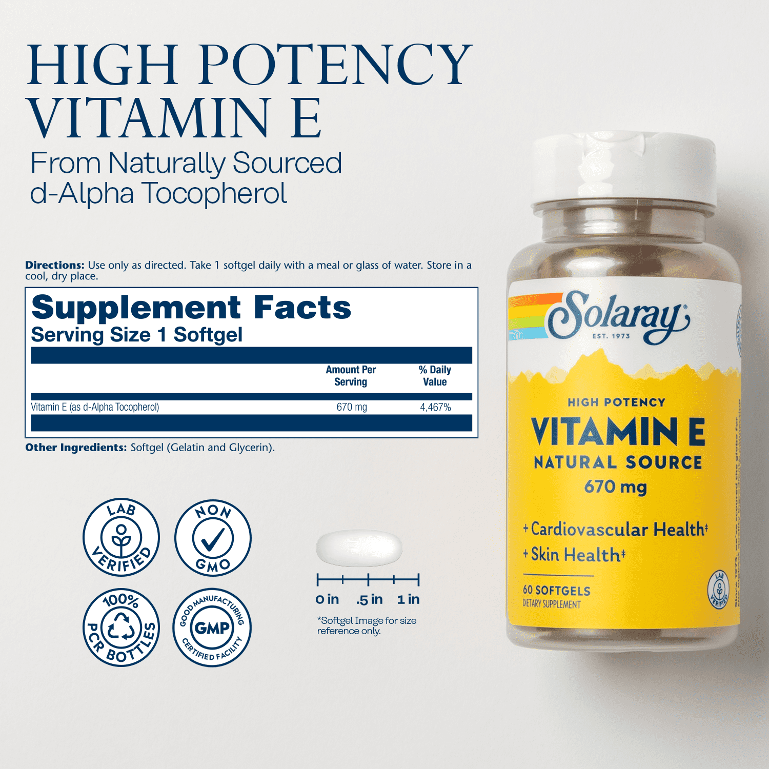 Solaray Vitamin E, d-Alpha Tocopherol 1000IU | For Healthy Cardiac Function, Antioxidant Activity & Skin Health Support | Lab Verified | 60 Softgels