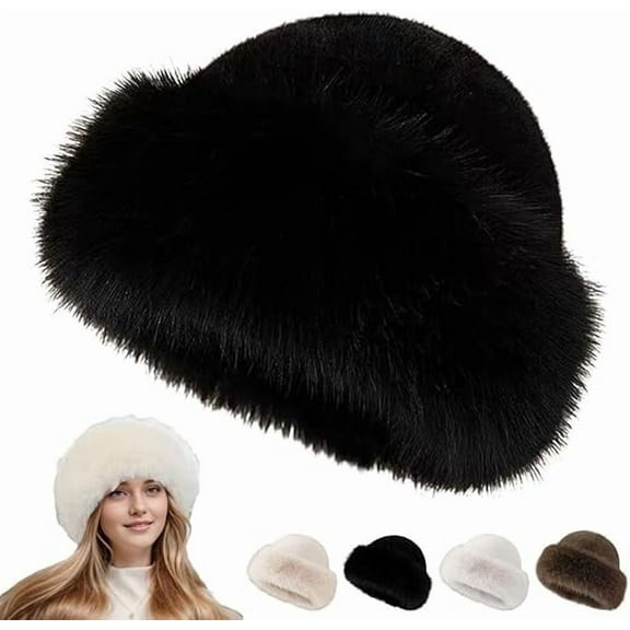 Womens Winter Faux Fur Bucket Hat, 2026 New Fluffy Furry Warm Hat, Soft Plush Fisherman Cap for Cold Weather ( black )