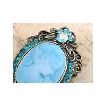 Aqua Blue Crystal Cameo Maiden Profile Lady Maid Floral Turquoise Pin Brooch