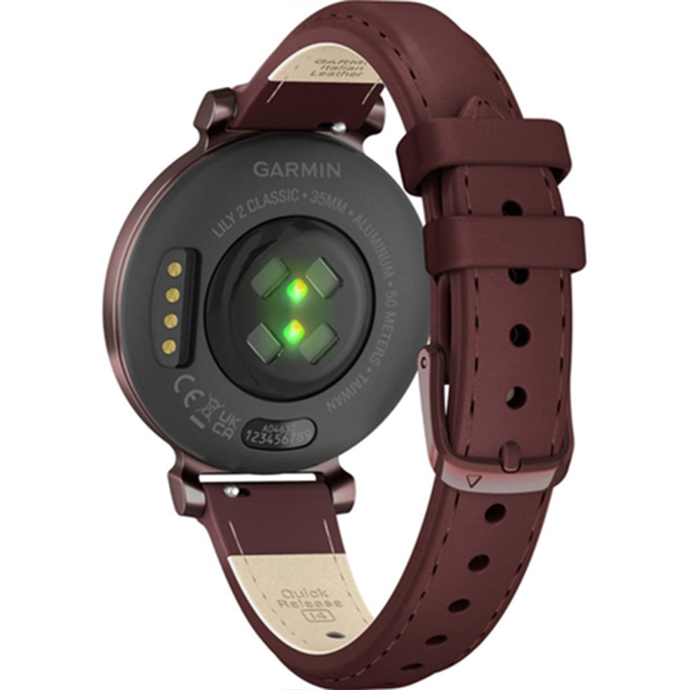 Garmin 010-02839-03 Lily 2 Classic Dark Bronze with Mulberry Leather Band Smartwatch Bundle with Deco Essentials Charging Dock, Silicone Dust Cover 3 Pack and USB Type C Charging and Sync Cable