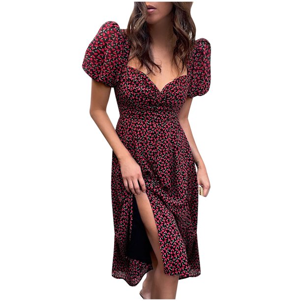 HSMQHJWE Dress Proposal Dress VNeck Puff Casual Dress Floral Sleeve
