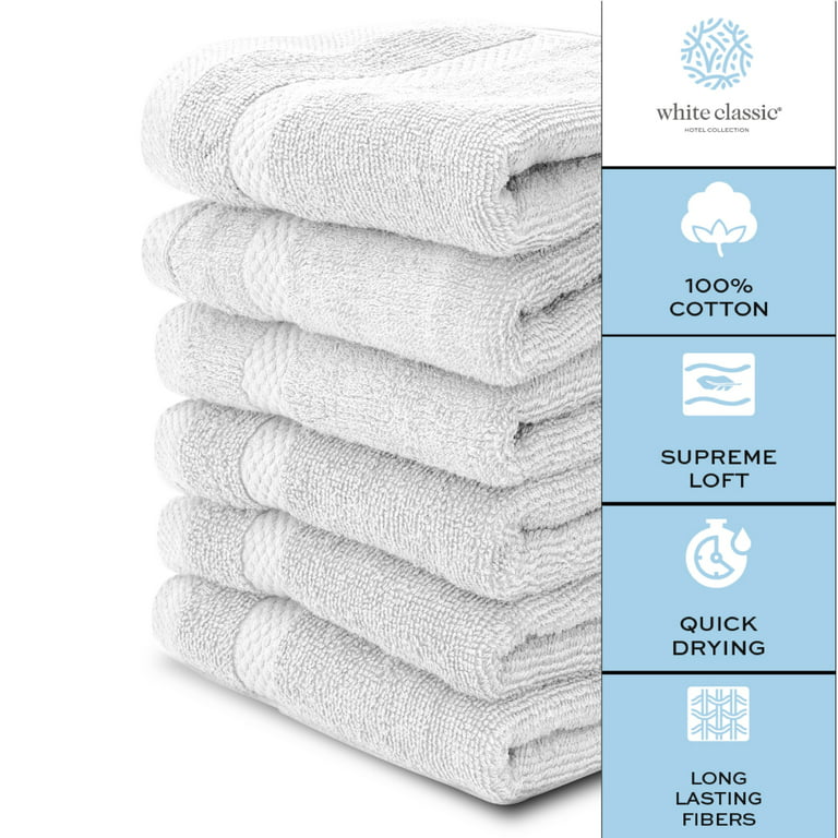 White Classic Light Grey Luxury Cotton Washcloths 12 Pc Set - Large 13x13  Inches Hotel Style Face Towel, High Absorbent Quick Dry Wash Cloths for