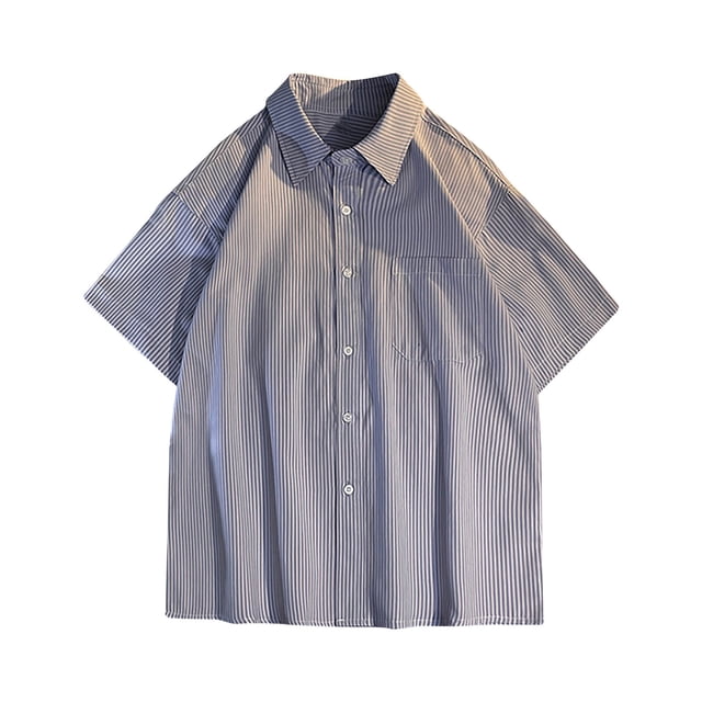 Manga Corta Cardigan Raya Impresión Botón Solapa Blusa Casual, Camisas de Manga Corta para Hombre