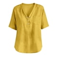 thumbnail image 6 of LIZUOJUN Women's Mid sleeve T-shirt Casual Button Down Washed Cotton LinenMiddle Length Sleeve Tops Casual Button Round Neck Loose Summer Top T Shirt,Yellow 2XL, 6 of 6
