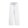 thumbnail image 4 of Summer Pants for Women Linen High Waisted Drawstring Culotte Pants Summer Elastic Waist Wide Leg Cropped Capri With Pockets Lady Elastic Waist Pant Training for Women Petite Sparkly Leggings White S, 4 of 5
