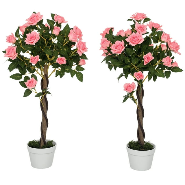 Outsunny Ensemble de 2 Roses Artificielles avec Fleurs Réalistes, Rose