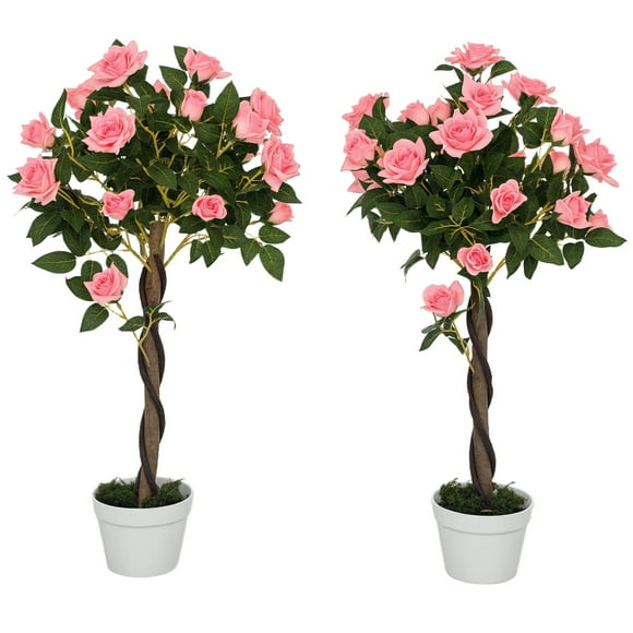 Outsunny Artificial Rose Tree Set of 2 with Realistic Flowers, Pink