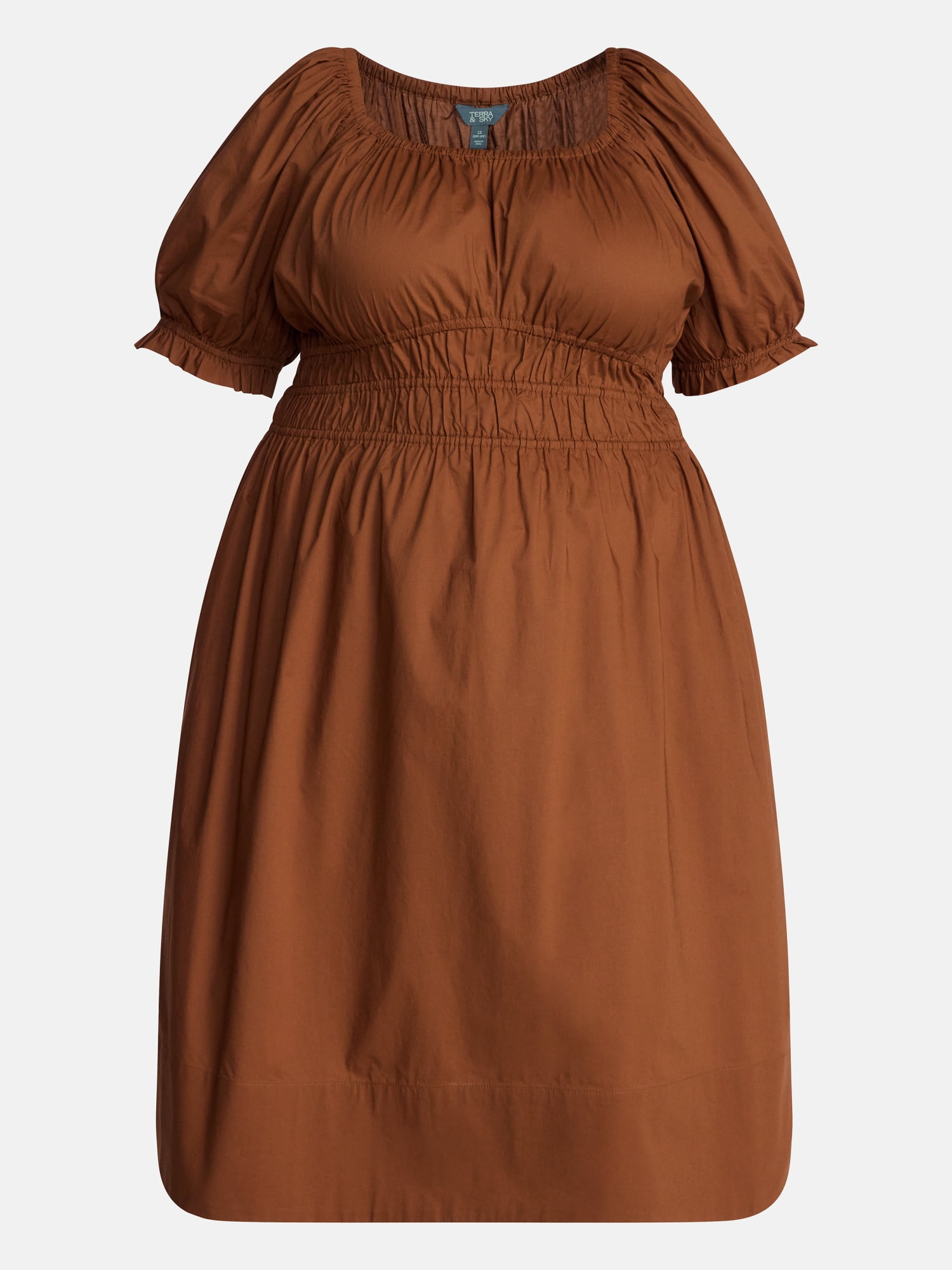 Terra & Sky Women's Plus Smocked Cotton Midi Dress with Short Puff Sleeves, Sizes- 0X-5X