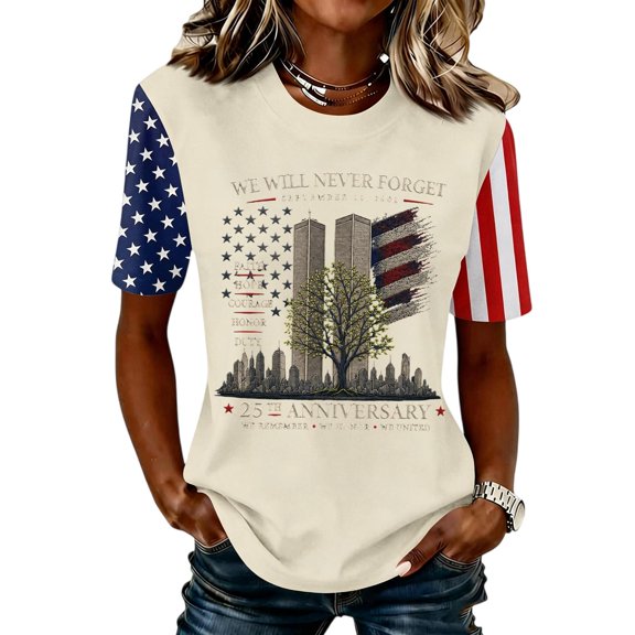 Domzest Womens Never Forget Patriotic T-Shirt 9/11 25th Anniversary Shirt Short Sleeve Crew Neck USA Flag Graphic Tee Beige S