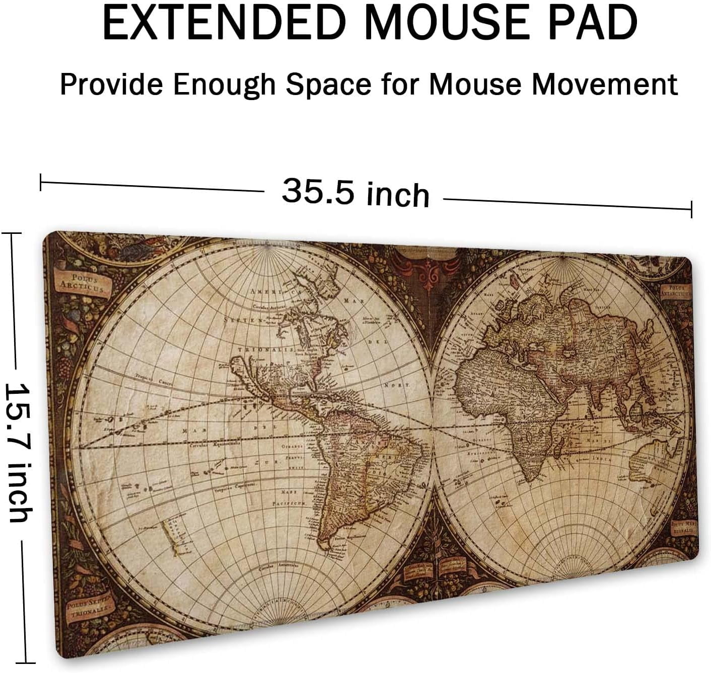Extended Gaming Mouse Pad XXL ArtSo Large Keyboard Mat Long Mousepad Desk Decor Writing Pad Non Slip Rubber Base Stitched Edges for Work, Game, Office, Home, 35.5" x 15.7", Vintage World Map