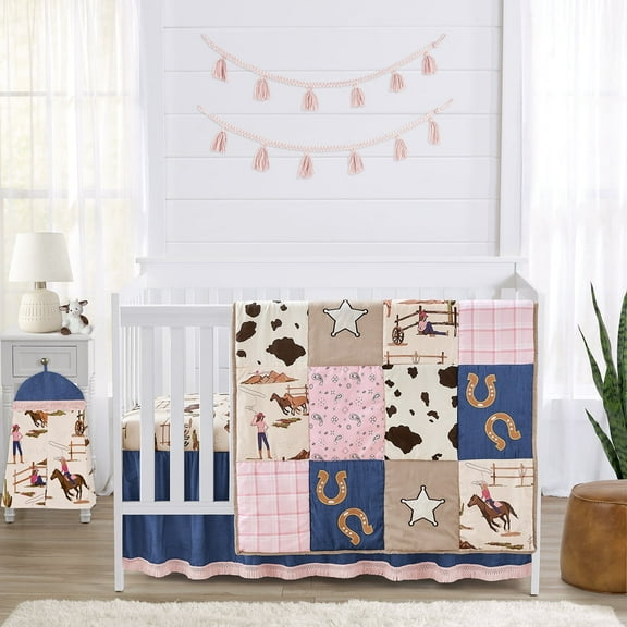 Sweet Jojo Designs Western Cowgirl Pink Brown Beige Blue 4 Piece Crib Bedding Set