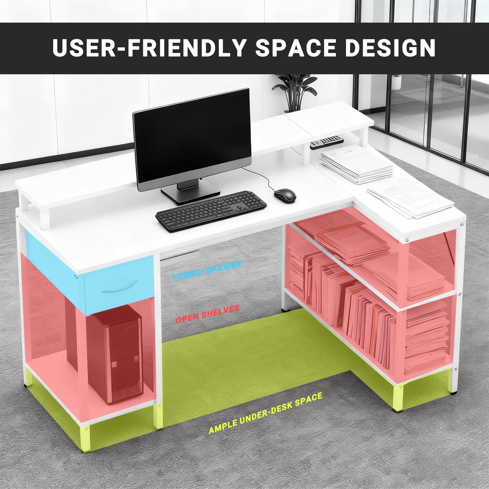 KPUY 53-Inch L Shaped Desk with USB Charging Port LED Light and Monitor Stand, Gaming Desk Home Office Desk for Home Office Dorm Sturdy Writing Workstation, White