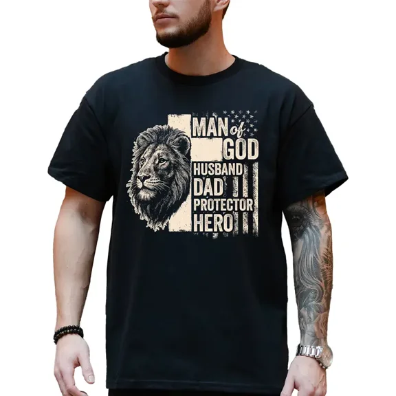 Man of Faith Graphic T-Shirt – Lion Print Christian Dad Tee, Inspirational Shirt for Men, Father's Day Gift, Husband or Dad Present