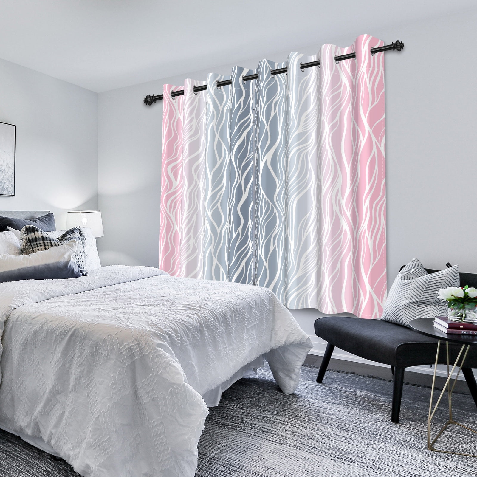 Nanqianyi Ombre Pink and Grey Blackout Curtains for Bedroom, White Wave Striped Gradient Thermal Insulated Drapes with Grommet, 2 Panels, 42x84 inches