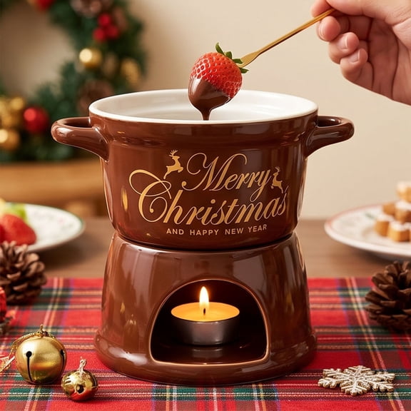 Ceramic Christmas Chocolate Fondue Mug Set with Forks and Tea Light Warmer for Cheese and Caramel Dipping