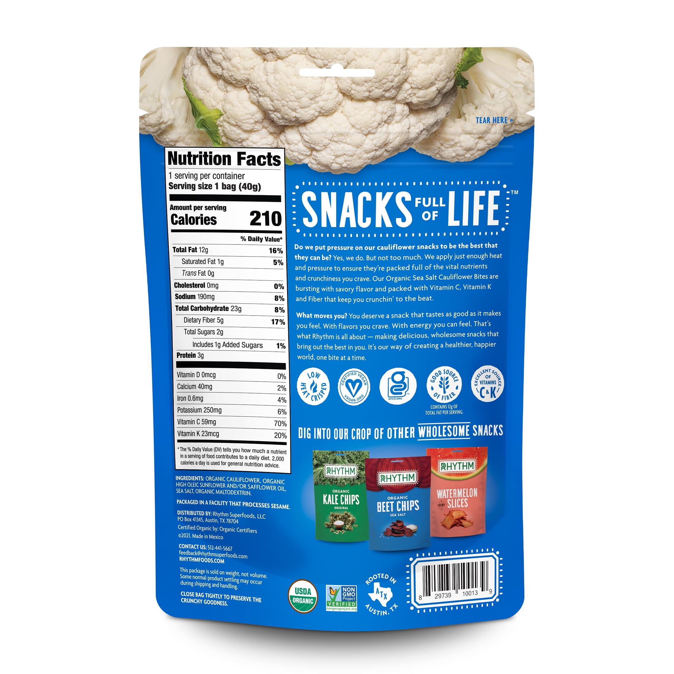 (4 pack) Rhythm Superfoods Organic, Non GMO, Gluten Free, Vegan Sea Salt Cauliflower Bites, 1.4 oz
