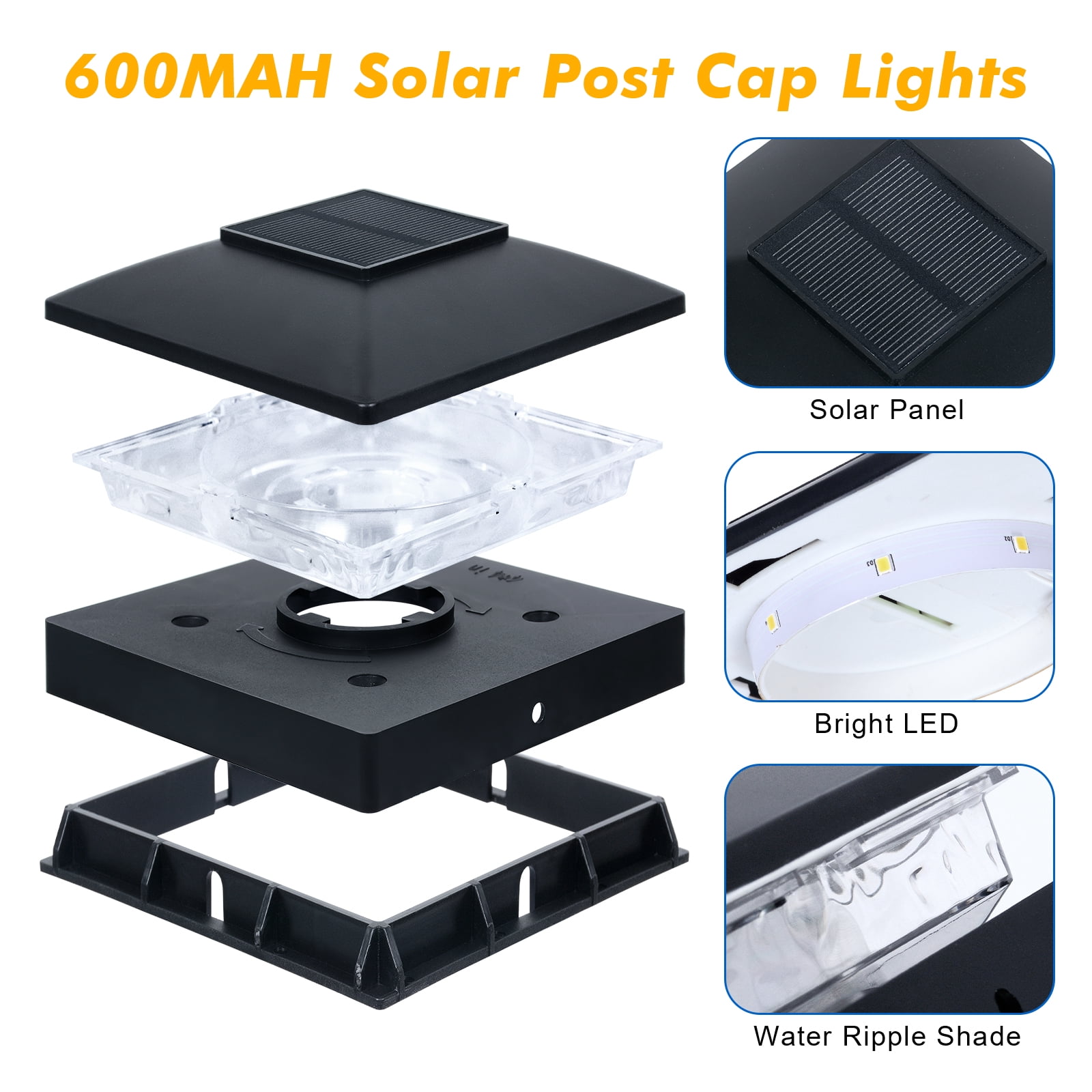 Ninonly 6 Pack Solar Post Cap Lights Outdoor, Waterproof LED Solar Fence Post Lights for 4x4 Wood/Vinyl Posts, Black Solar Powered Deck Post Lights for Garden Patio Fence Porch Deck Decor