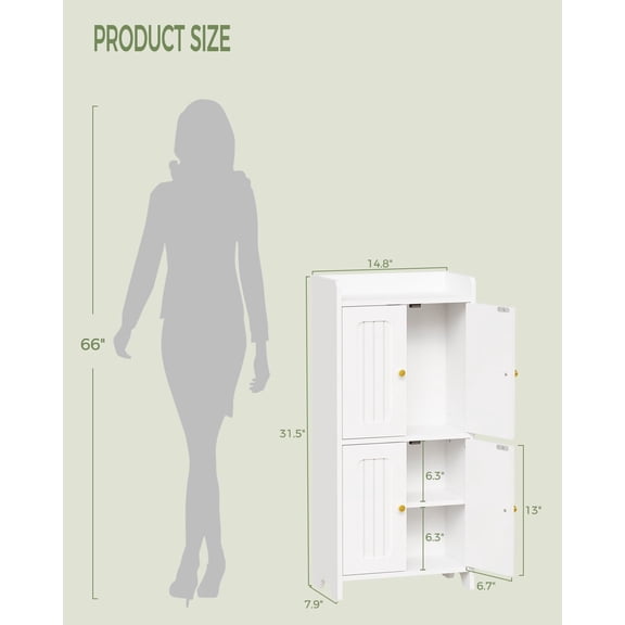 Small Floor Cabinet with 4  and Adjustable Shelves for Bathroom Storage, White Engineered Wood Organizer