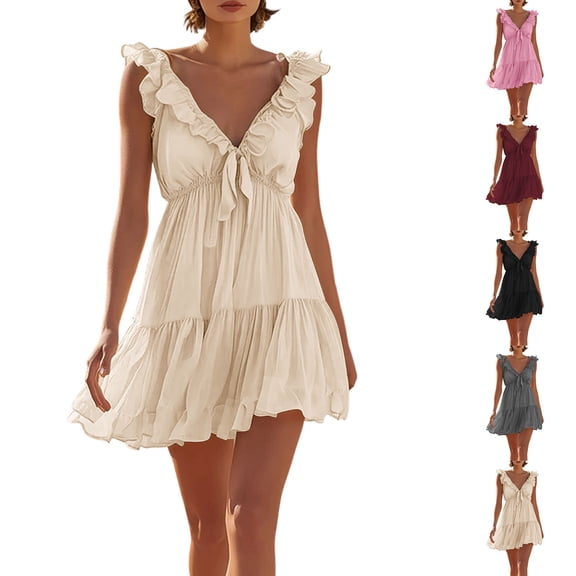 Women's Solid Color Sleeveless V Neck Mini Dress Ruffle Petal Sleeve Tiered Summer Dress Beige XL(XL)