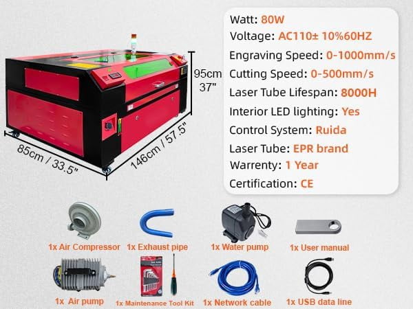 SHENGJINSH 80W CO2 Laser Engraver, 20" x 28" Laser Cutter Machine with 2-Way Pass Air Assist & Built-in 6L Water Tank