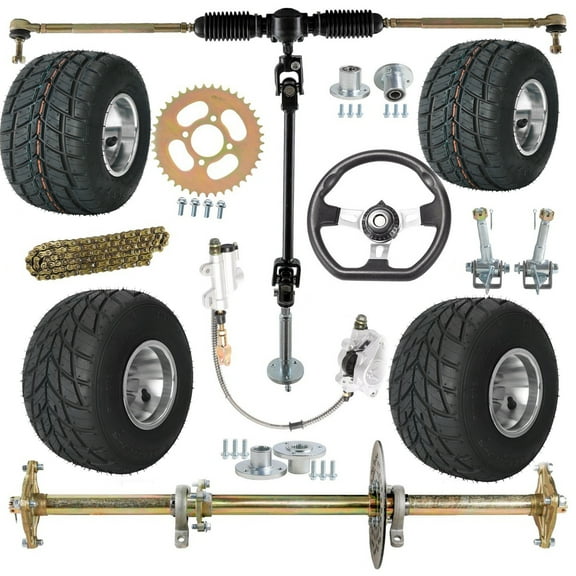 32" Racing Go Kart Rear Axle Complete Kit 5" Wheels Rain Tires Front Steering Assembly Brake 420 Sprocket for DIY Part ATV Quad Go Cart Drift Trike Karting Buggy Tricycle