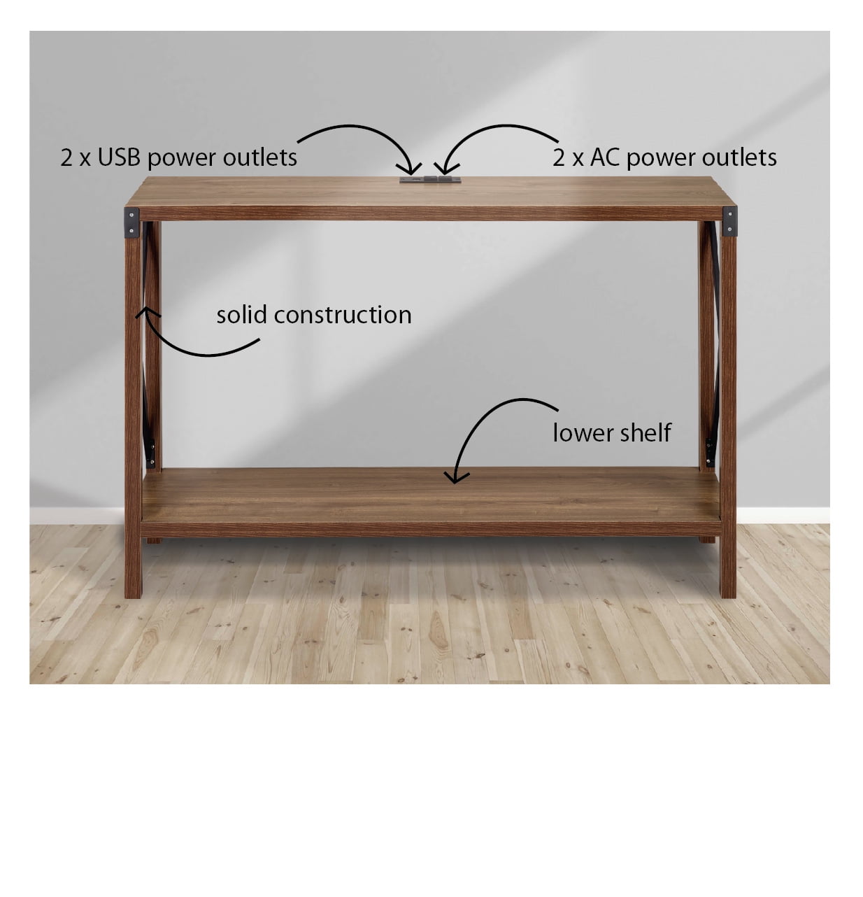 DecorTech Industrial Rectangular Wood Console Table with AC Power and USB Charging Ports, Walnut