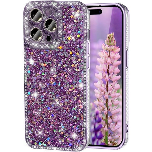 for iPhone 16 Pro Max, Cute Bling Glitter Sparkle Diamond Cover with Shiny Camera Lens Protector for Women Girly Soft Shockproof Protective Phone Case for iPhone 16 Pro Max 6.9" (Purple)