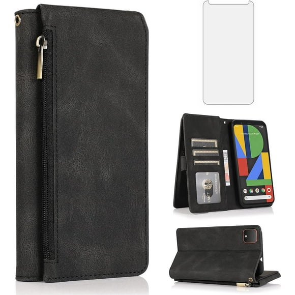 REQO Compatible avec Google Pixel 4 Étui Portefeuille Protecteur d'Écran en Verre Trempé et Fermeture Éclair Rétro Cuir Flip Étui Porte-Cartes Support Accessoires pour Pixel4 Pixle Four Femmes Hommes Noir