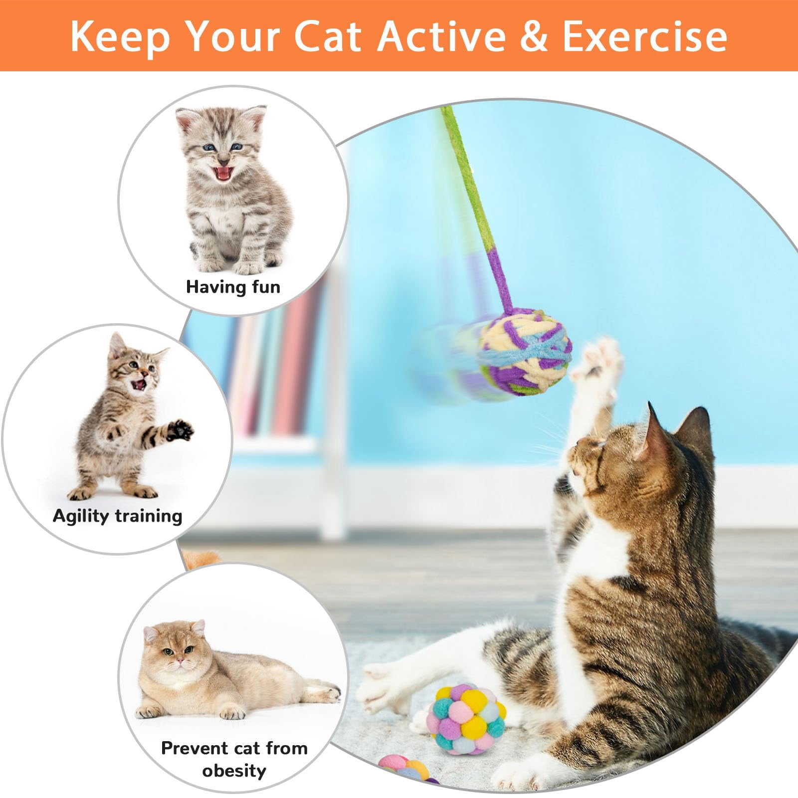 Cat Toys Balls, Yarn Cat Ball with Bell Inside, Kitten Toys for Indoor Cats Kitty, Interactive Cat Nip Chew Toys for All Pet Breed 6 Pack