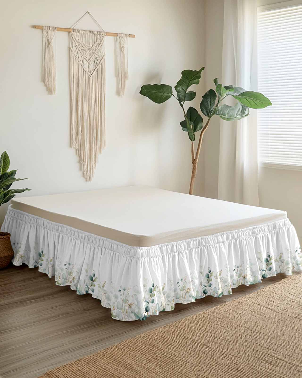 Watercolor Green Leaf Bed Skirt Queen Size 18 Inch Drop, Eucalyptus Leaves Abstract Art Adjustable Elastic Dust Ruffles Bedskirt for Queen Bed Wrap Around Pleated Mattress Frame Cover
