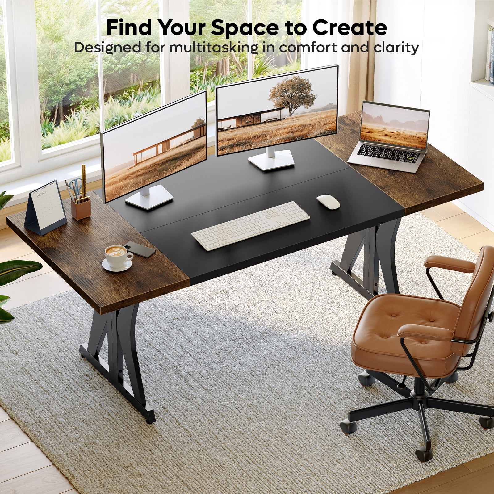 Bestier 70 Inch Large Computer Desk, Modern Two-Tone Executive Office Desk with Sturdy K-Shaped Metal Frame, Industrial Home Office Writing Desk for Gaming, Studying, and Working, Rustic Brown