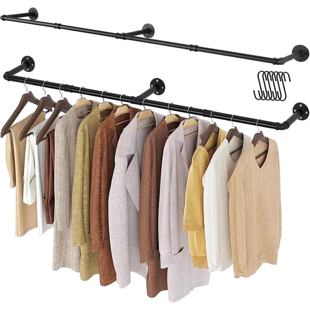 Perchero para Ropa de Pared 2 Pack, Rack Industrial de Tubo de Hierro con 12 Ganchos Soportan 135 lbs para Armario Lavandería Closet Barra para Colgar Ropa