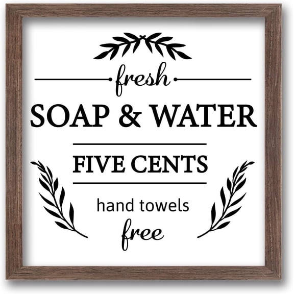 Fresh Soap and Water Hand Towels Free Wood Sign with Acrylic Layer 7x7 Inch Rustic Farmhouse Bathroom Wall Decor Sign Vintage Funny Bathroom Hanging Sign for Home Restroom Decor 1set