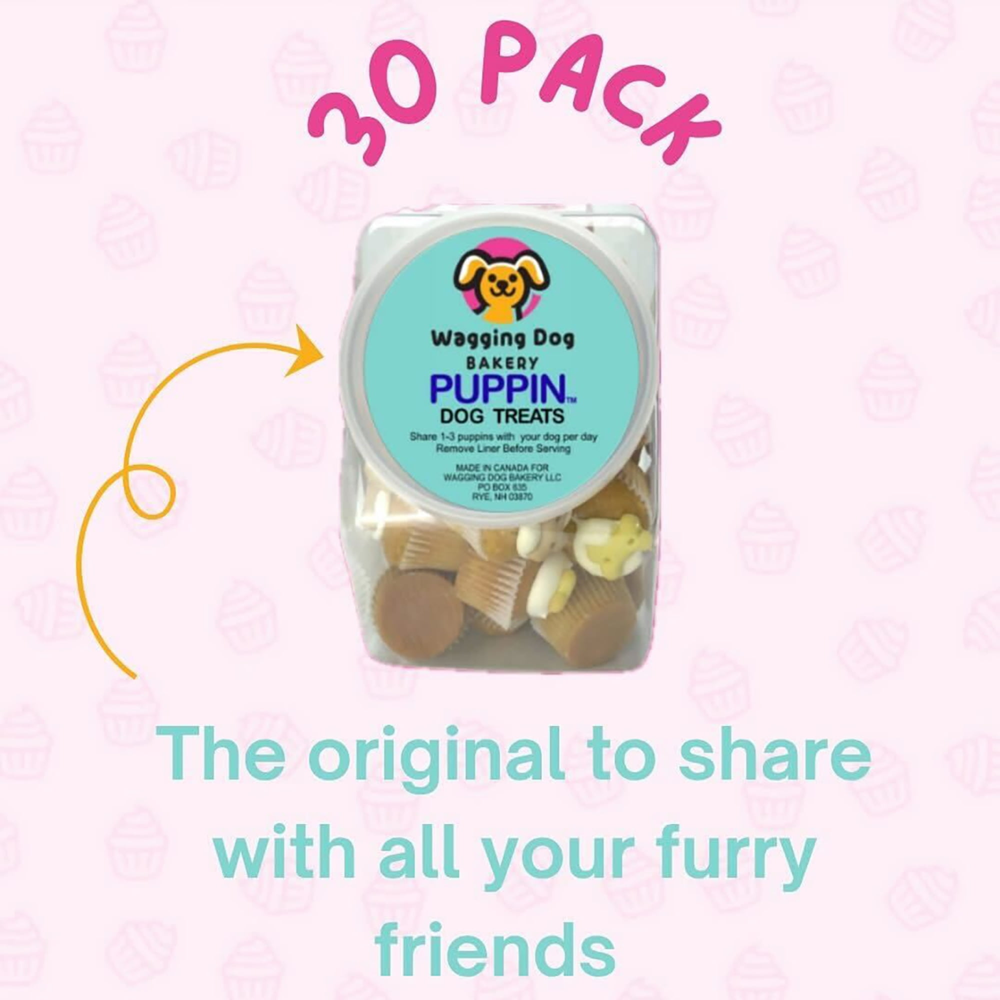 Wagging Dog Bakery: Puppin Mini Cupcake Dog Treat - 30 Pack Crunchy Biscuits, Countertop Jar, Quality Baked Goods for Your Furry Friends, Pet Reward