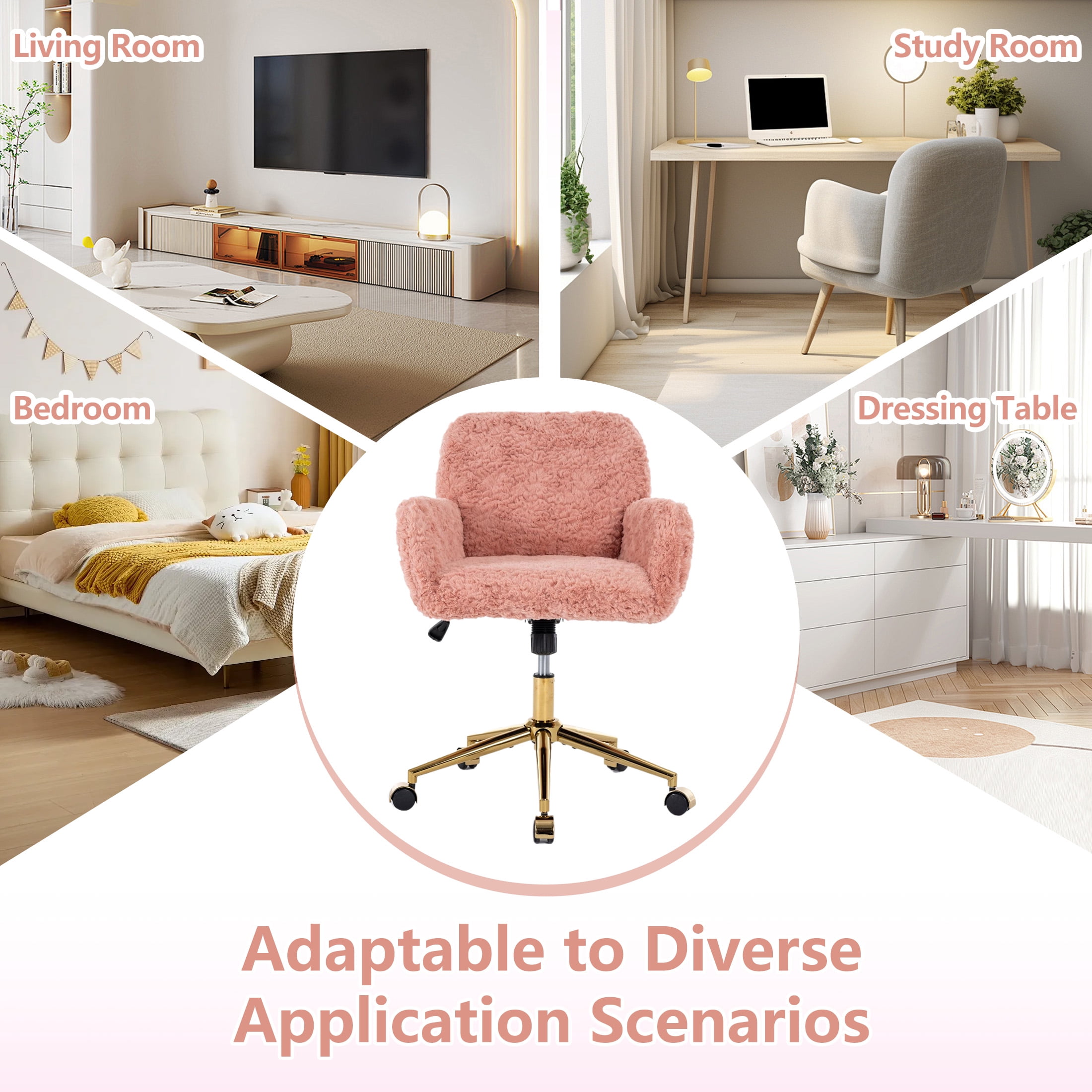 PAPROOS Vanity Chair with Back, Home Office Chair, Ergonomic Home Desk Chair with Artificial Rabbit Hair, Adjustable Swivel Task Computer Chair with Arm, Wheels, Pink